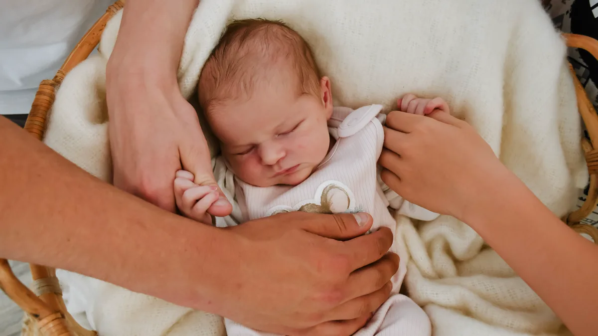 Familienshooting Nordhausen – Hände der ganzen Familie am Baby im Körbchen